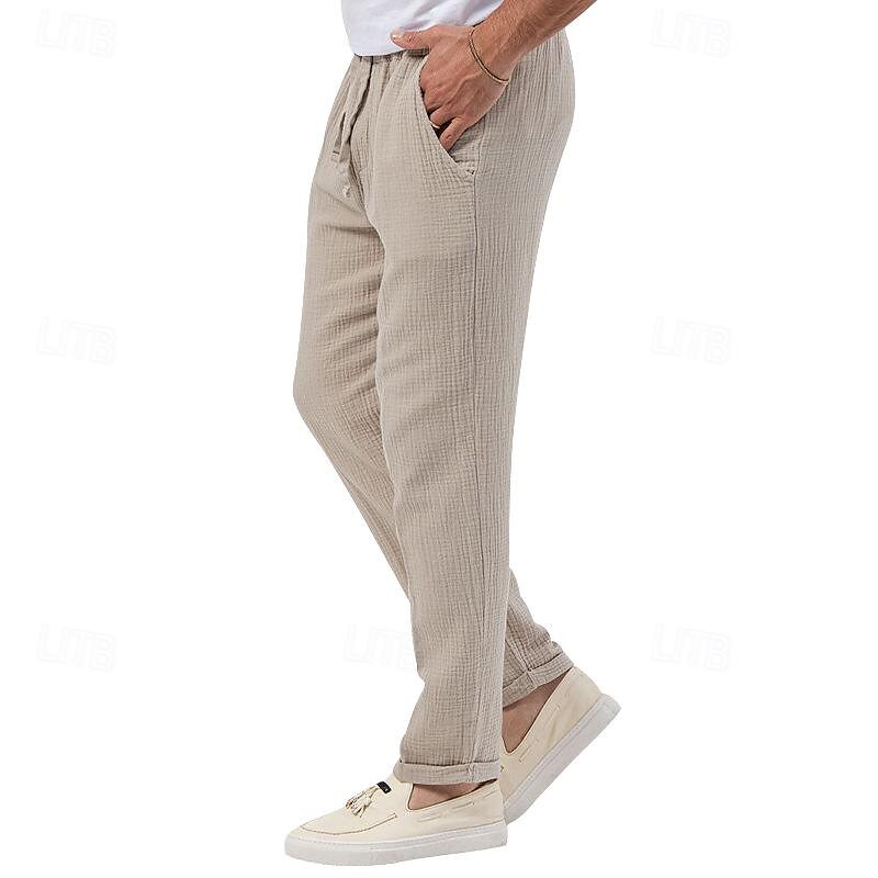 Men's Trousers Beach Shorts Casual Pants Seersucker Pants Drawstring Elastic Waist Straight Leg Plain Comfort Breathable Daily Holiday Vacation Fashion Casual Black White