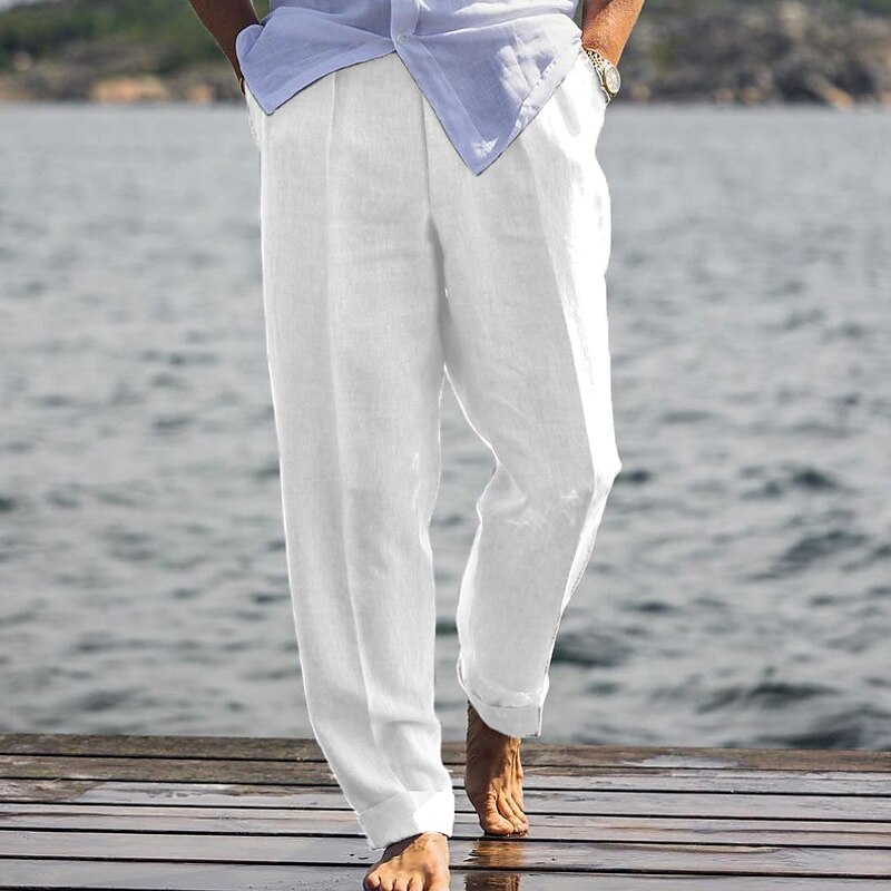 Men's Linen Pants Trousers Summer Pants Beach Pants Pocket Plain Comfort Breathable Outdoor Daily Going out Linen / Cotton Blend Fashion Streetwear Black White