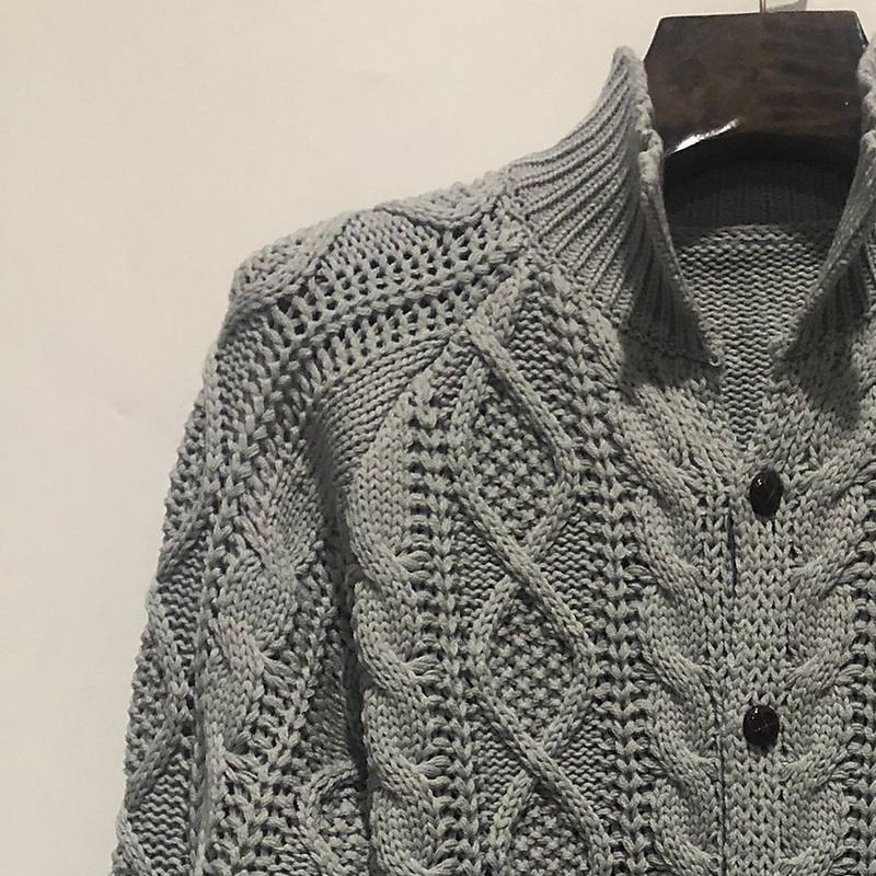 Men's Cable Knit Jumper Sweater Cardigan Sweater Cable Knit Regular Tops Knitted Plain Standing Collar Modern Contemporary Casual Casual Holiday Clothing Apparel Spring Fall & Winter Wine Red Black M