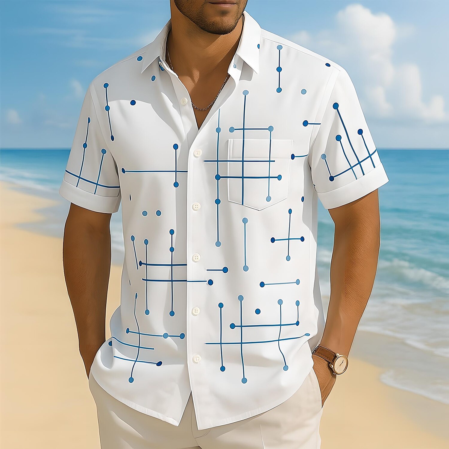 Men's Geometric Line Shirt Casual Shirt Button Up Shirt Short Sleeve Fashion Casual Vacation Holiday Streetwear Summer Spring Turndown 3D Print Collared Shirts Front One Pocket White Blue Brown Green