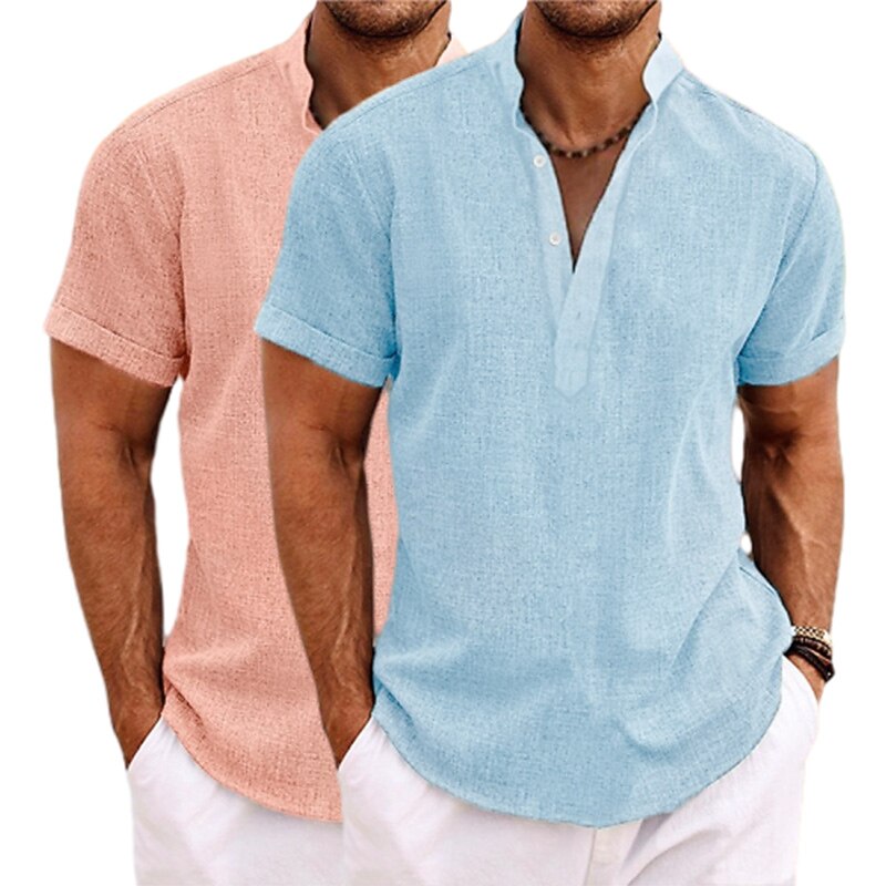 2-Pack Men's Shirt Linen Shirt Popover Shirt Summer Shirt Beach Wear Band Collar Shirt Plain Vacation Casual Green+Gray White+Yellow White+Green White+Navy Blue Short Sleeve Henley Summer Clothing Apparel