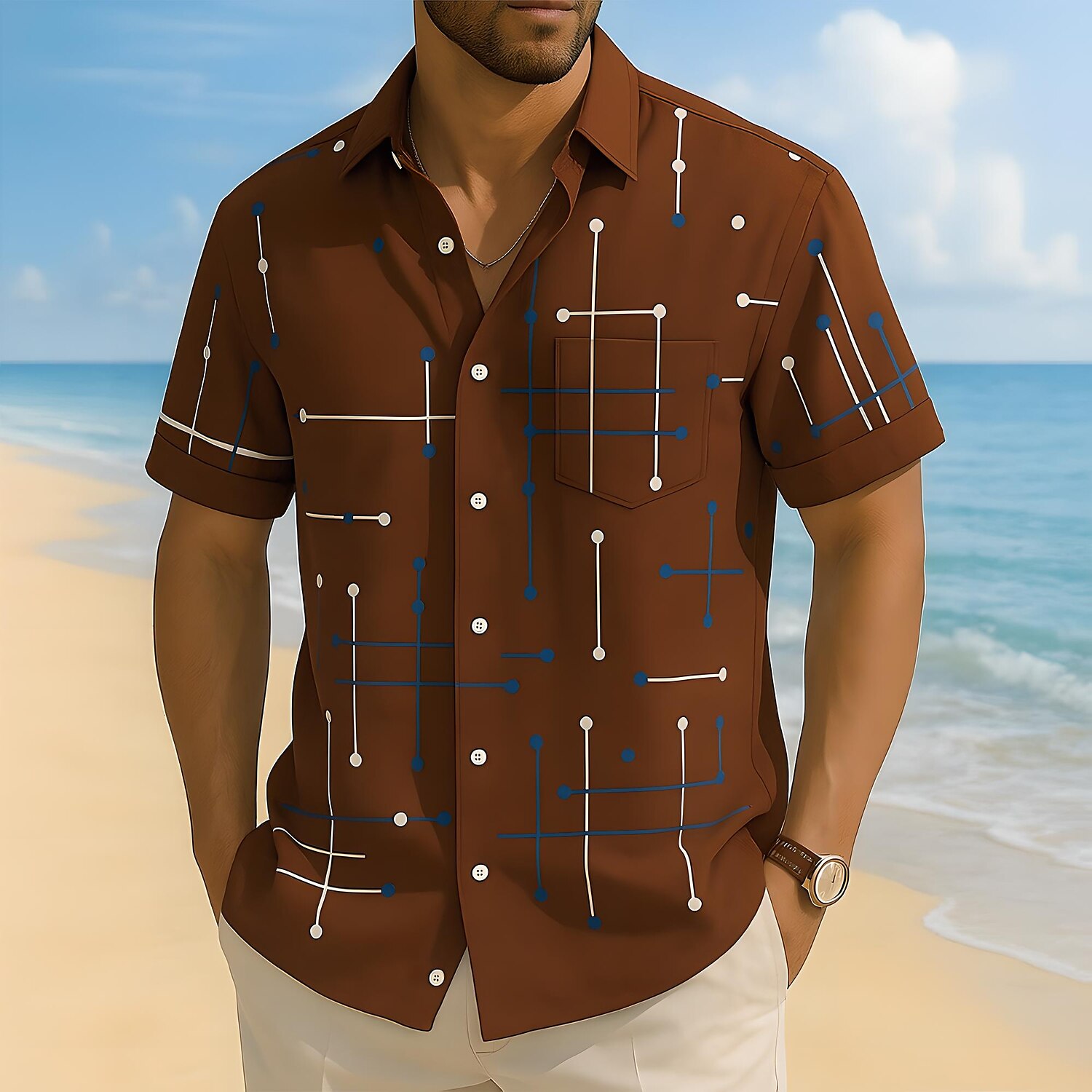 Men's Geometric Line Shirt Casual Shirt Button Up Shirt Short Sleeve Fashion Casual Vacation Holiday Streetwear Summer Spring Turndown 3D Print Collared Shirts Front One Pocket White Blue Brown Green
