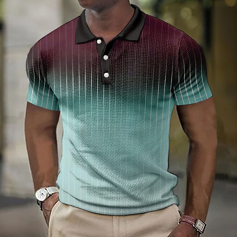Men's Polo Shirt Waffle Polo Shirt Lapel Polo Button Up Polos Golf Shirt Gradient Striped Graphic Prints Turndown Yellow Navy Blue Blue Purple Green Outdoor Street Short Sleeve Print Clothing Apparel