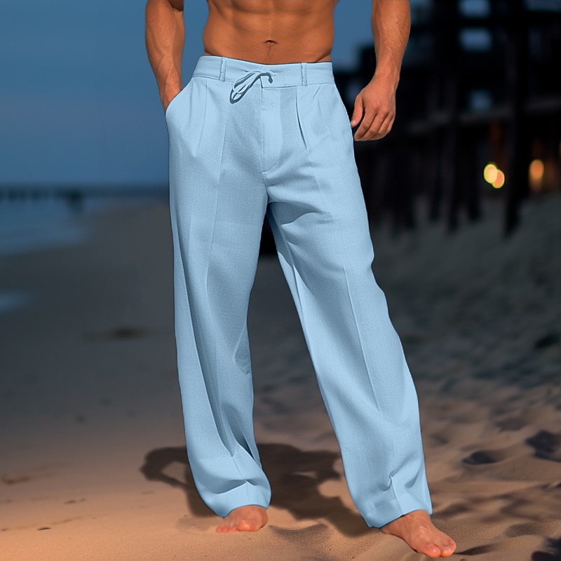 Men's Summer Beach Drawstring Elastic Waist Pleats Plain Comfort Breathable Casual Daily Holiday Blend Fashion Classic Style Linen Pants