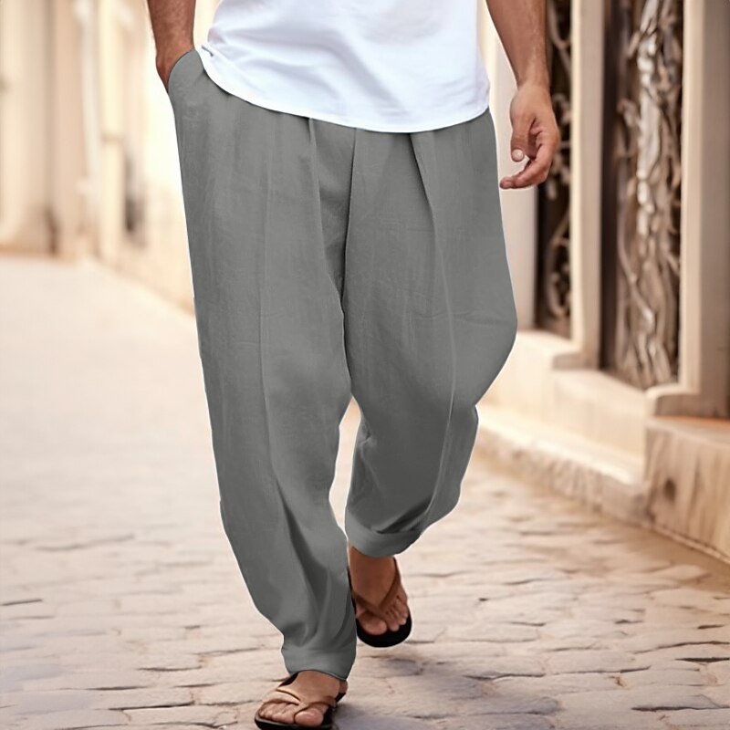 Men's Summer Tapered Carrot Beach Front Pocket Pleats Plain Comfort Breathable Casual Daily Holiday Linen / Cotton Blend Fashion Basic Linen Pants