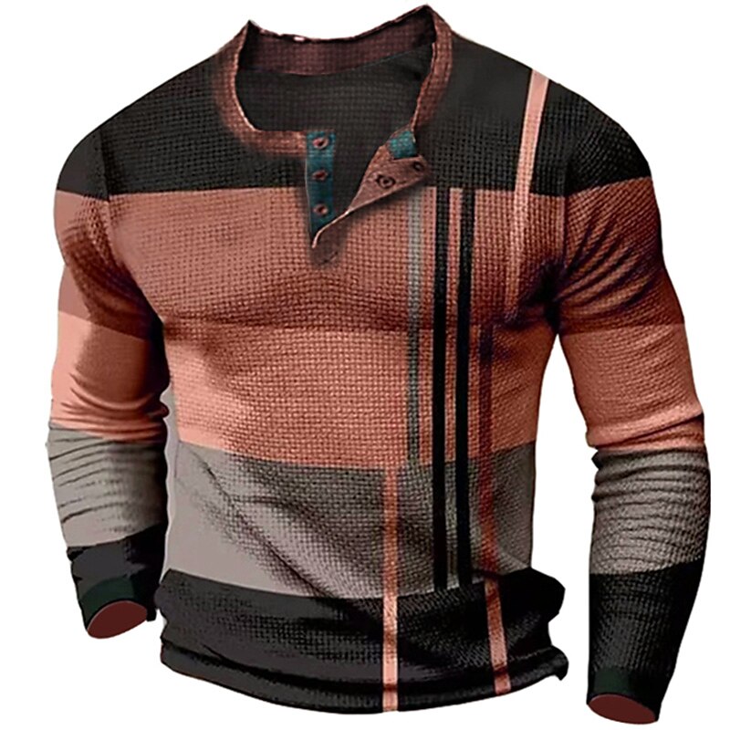 Men'S Waffle Graphic Color Block Clothing Apparel 3D Print Outdoor Long Sleeve Fashion Designer Henley T-Shirt