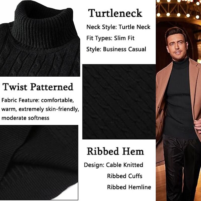 Men's Sweater Pullover Ribbed Cable Knit Cropped Knitted Solid Color Turtleneck Keep Warm Modern Contemporary Work Daily Wear Clothing Apparel Fall & Winter Camel Wine M L XL