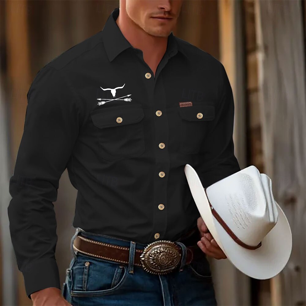 Men's Cow Work Shirt Western Shirt Cargo Shirt Long Sleeve Casual Tactical Sports & Outdoor Going out Winter Spring &  Fall Turndown Print Black White Khaki