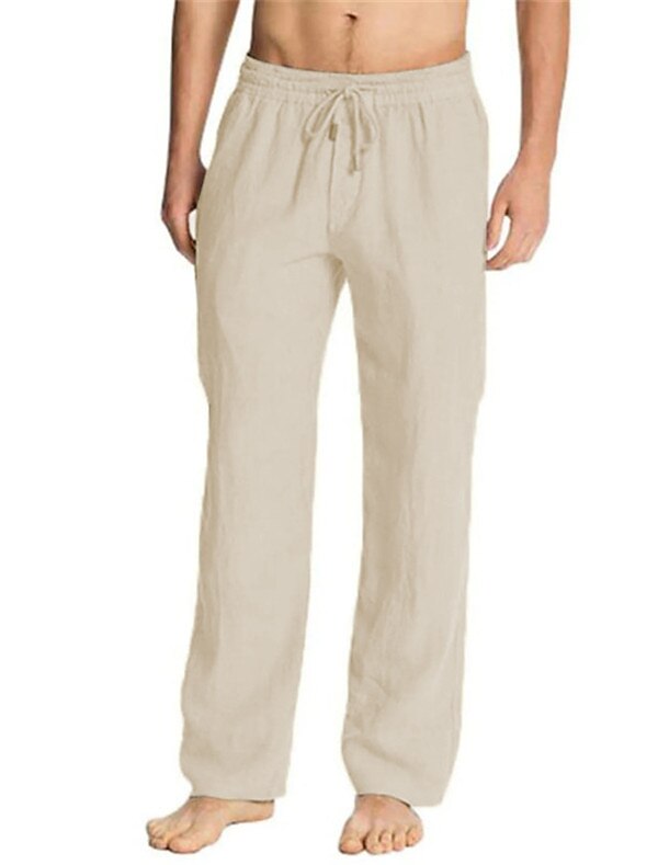 Men's Linen Pants Trousers Summer Pants Beach Pants Pocket Drawstring Plain Breathable Lightweight Full Length Casual Beach Yoga Basic Loose Fit ArmyGreen Black Micro-elastic