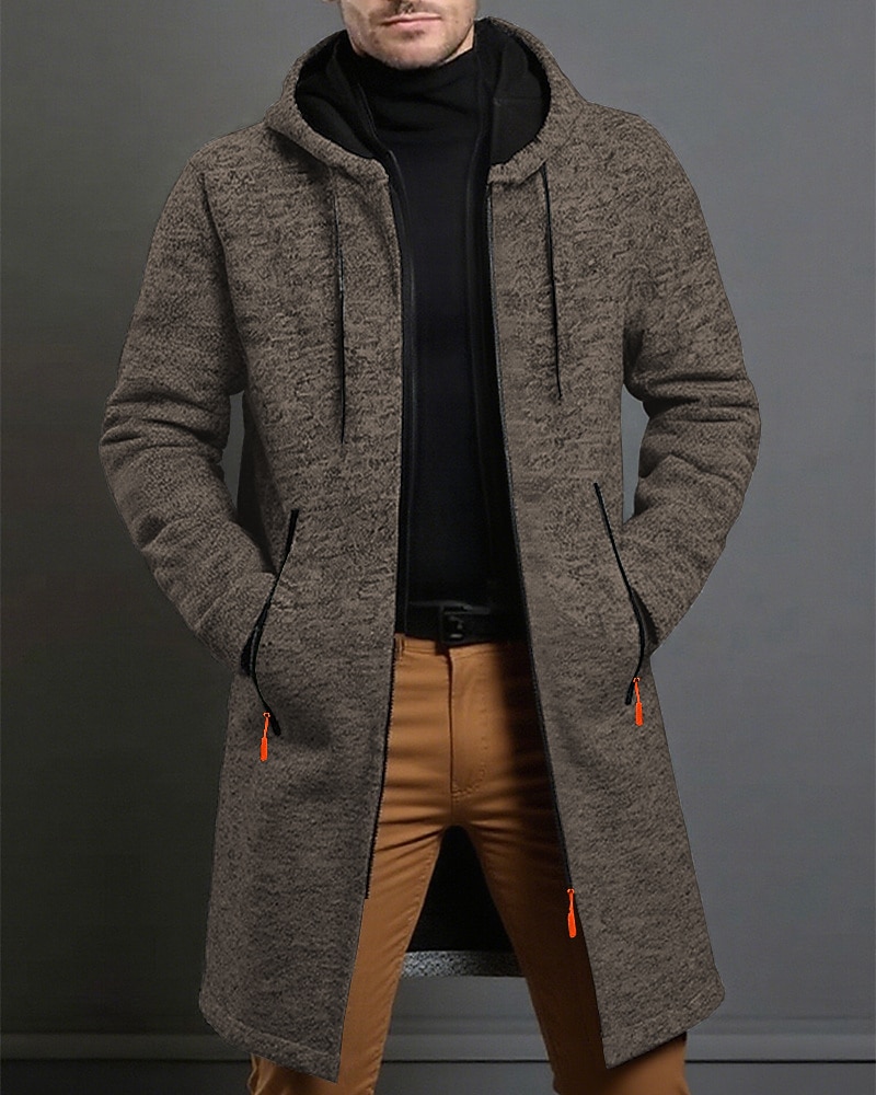 Men's Overcoat Trench Coat Long Trench Coat Vacation Daily Spring Winter Polyester Windproof Warm Outerwear Clothing Apparel Fashion Classic Plain Pocket Hooded Zipper
