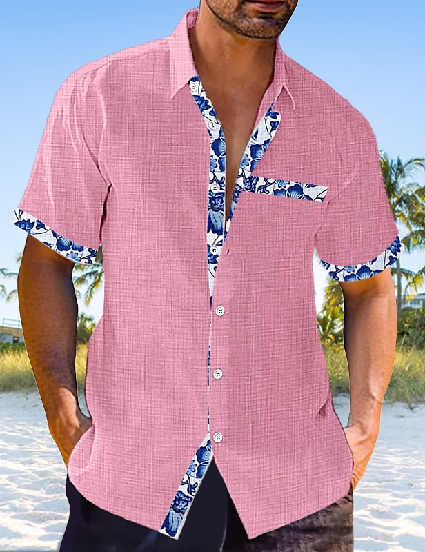 Men's Linen Shirt Casual Shirt Summer Shirt Beach Shirt Black White Pink Short Sleeve Plain Lapel Spring & Summer Hawaiian Holiday Clothing Apparel Front Pocket