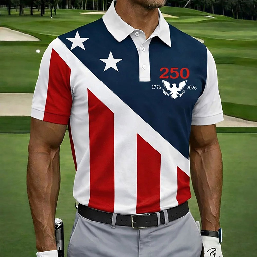 4th of July 2026 250th Men's American US Flag Golf Sports Polo Shirts Short Sleeve Polo Shirts Collared Shirts Casual Athleisure Buttons Spring & Summer Blue White Red