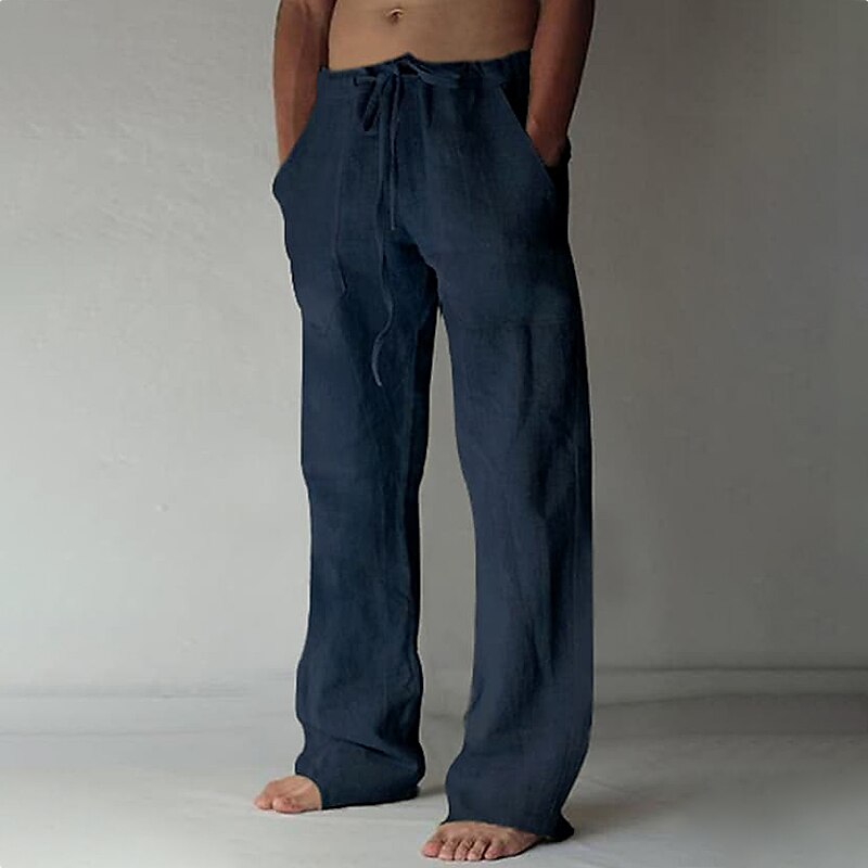 Men's Trousers Summer Pants Baggy Pants Beach Pants Casual Pants Drawstring Front Pocket Straight Leg Plain Comfort Soft Full Length Yoga Holiday Beach 100% Cotton Fashion Hawaiian Black White