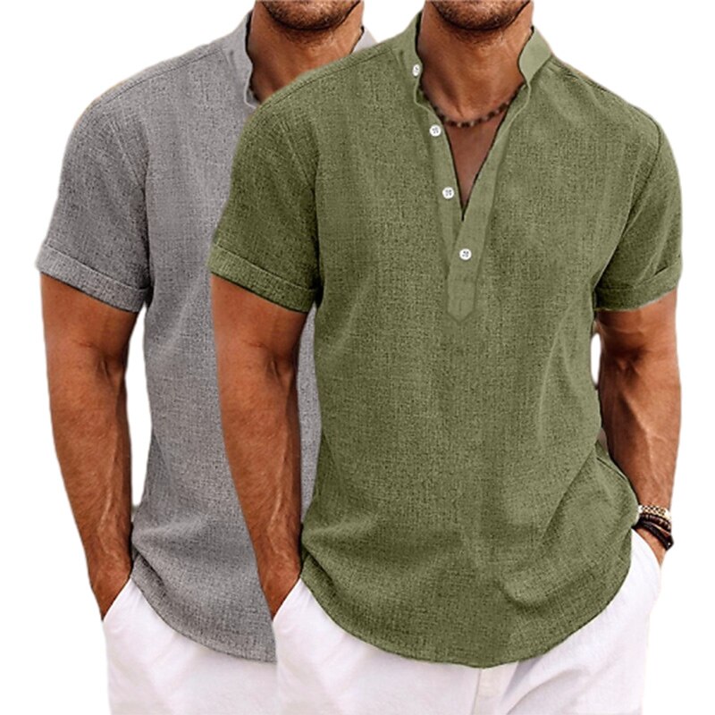 2-Pack Men's Shirt Linen Shirt Popover Shirt Summer Shirt Beach Wear Band Collar Shirt Plain Vacation Casual Green+Gray White+Yellow White+Green White+Navy Blue Short Sleeve Henley Summer Clothing Apparel