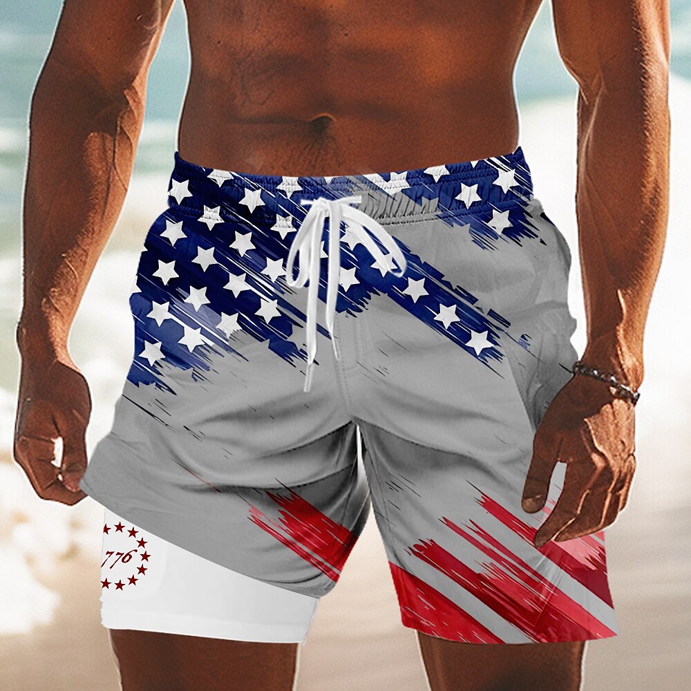Independence Day Men's US Flag Patriotic Fourth of July Lined Shorts 2 in 1 Board Shorts Swim Shorts Mid Waist Holiday Side Pockets With Compression Liner Elastic Drawstring Waist Designer Clothing