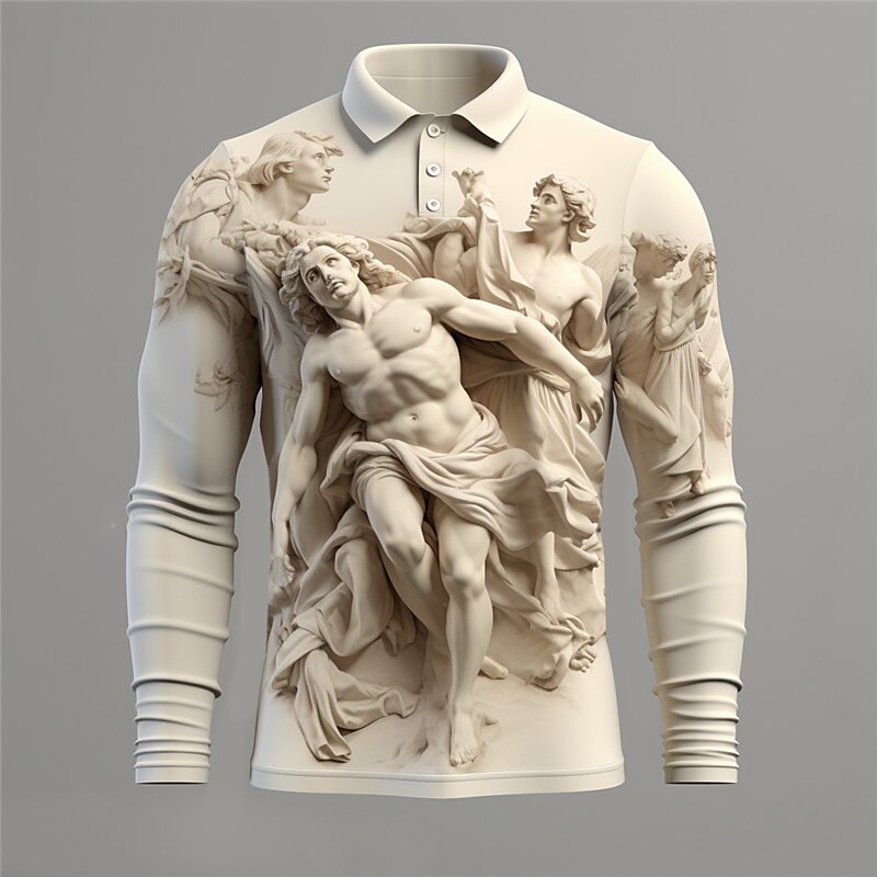 Embossed Relief Pattern Vintage Men's 3D Print Golf Polo Outdoor Casual Daily Streetwear Polyester Long Sleeve Turndown Polo Shirts Black White Purple Fall & Winter S M L Micro-elastic Lapel Polo