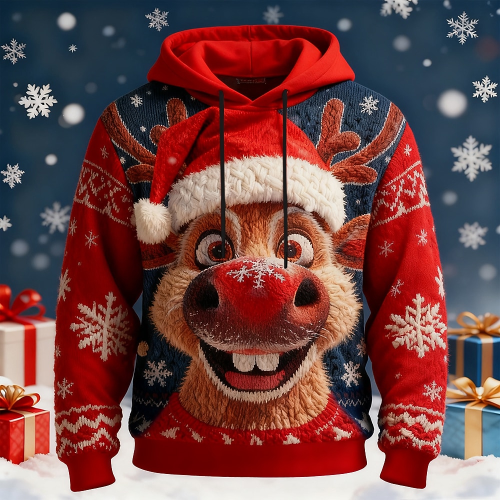 Christmas Men's Elk Hoodie Sweatshirt Fashion Daily Casual Long Sleeve Crew Neck Hooded Home Party Gift Blue Red Purple Green Drawstring Fall Winter Designer S M L XL XXL XXXL