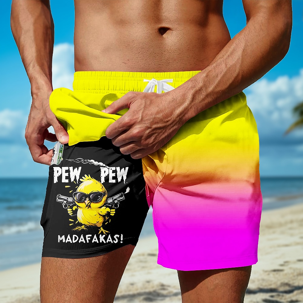 Men's Chick Funny Gradient Color Lined Shorts 2 in 1 Board Shorts Swim Shorts Mid Waist Hawaiian Vacation Beach Wear Side Pockets With Compression Liner Elastic Drawstring Waist Designer Clothing