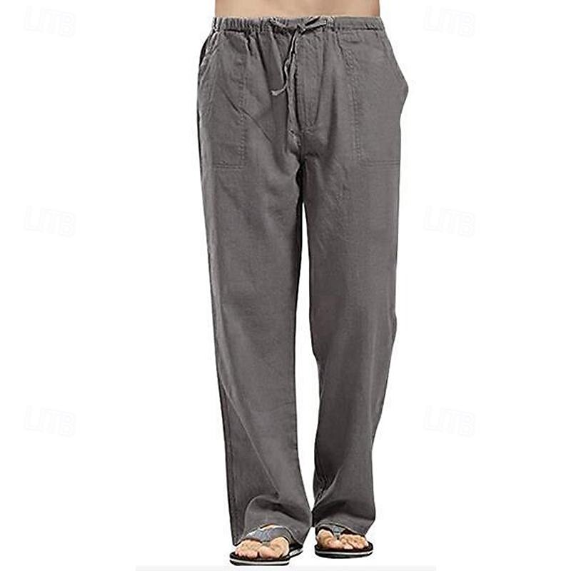 Men's Linen Pants Trousers Summer Pants Beach Pants Pocket Drawstring Elastic Waistband Plain Comfort Breathable Full Length Daily Streetwear Fashion Casual / Sporty Loose Fit Dark Khaki Black
