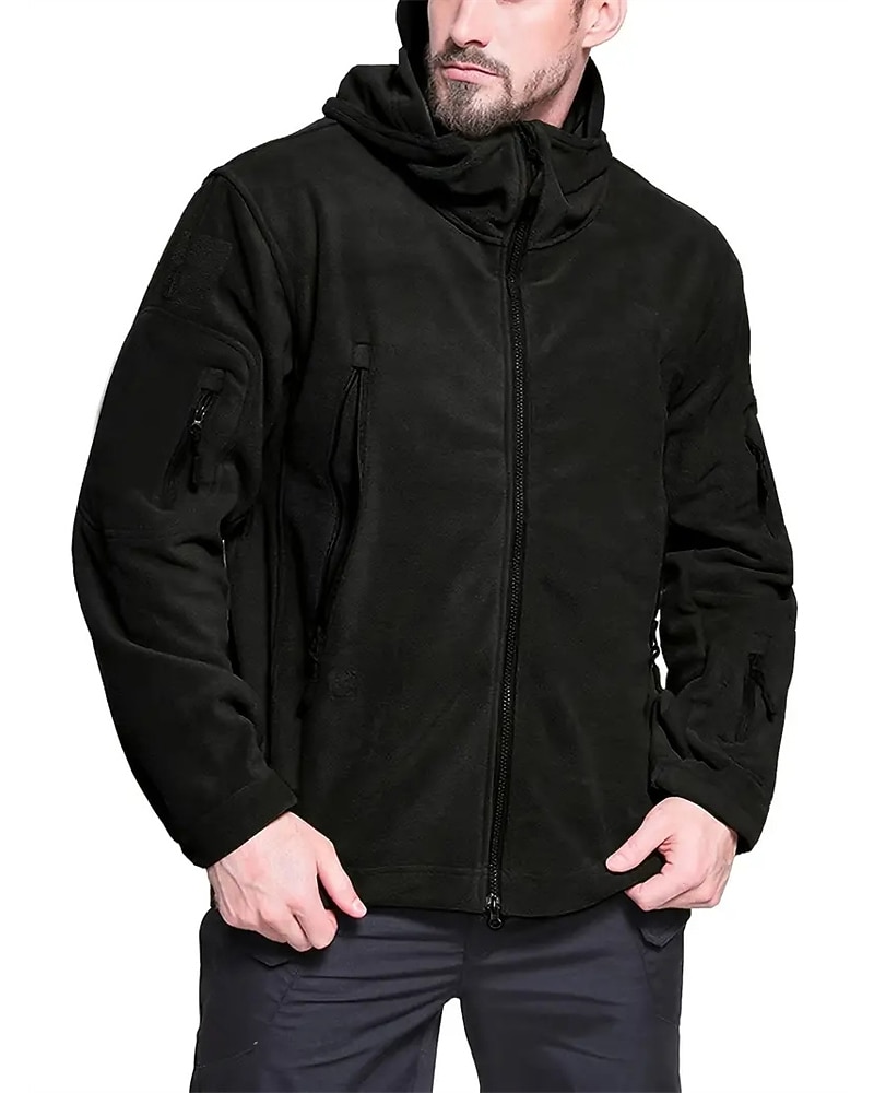 Men's Fleece Jacket Military Jacket Tactical Jacket Daily Vacation Thermal Warm Pocket Fleece Fall & Winter Plain Fashion Streetwear Hooded Regular Black Khaki Army Green Gray Jacket