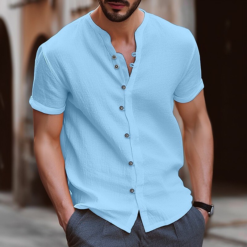 Men's Shirt Linen Shirt Summer Shirt Beach Shirt Black White Blue Short Sleeve Plain Band Collar Summer Casual Daily Clothing Apparel