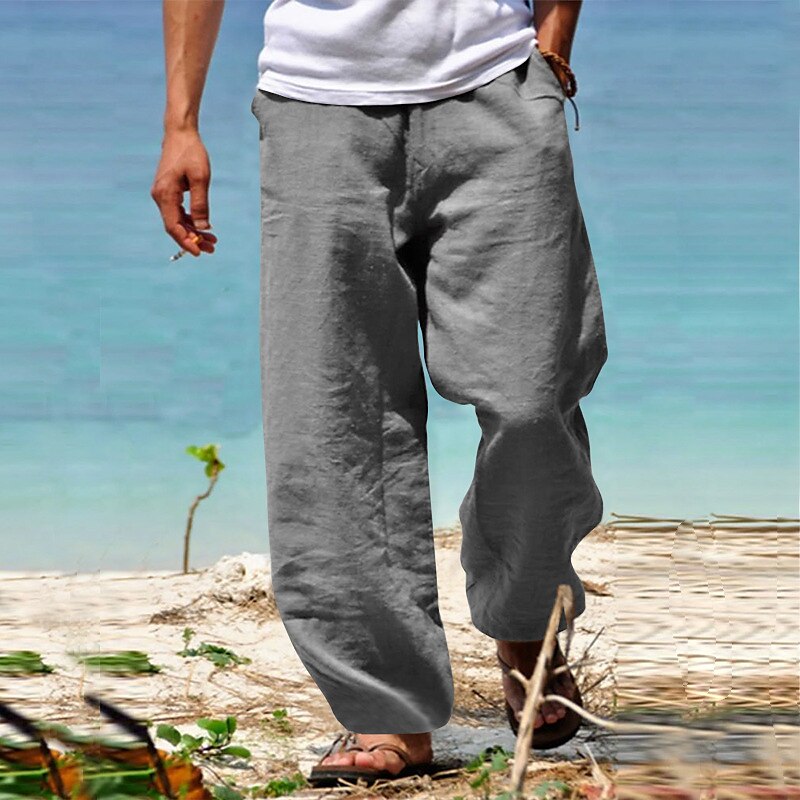 Men's Summer Beach Elastic Waist Wide Leg Straight Leg Plain Breathable Soft Casual Daily Beach Linen / Cotton Blend Fashion Streetwear Loose Fit Linen Pants
