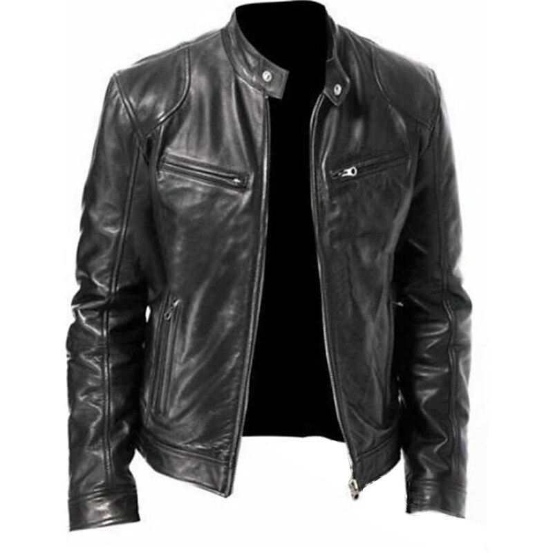 Men's Faux Leather Jacket Transition Jacket Biker Jacket Red Leather Jacket Vacation Daily Windproof Warm Pocket Fall & Winter Plain Fashion Classic Stand Collar Regular Faux Leather Silver Black