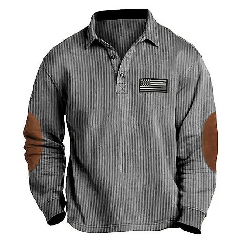 Men's Button Up Casual Sports Lapel Long Sleeve Fashion Basic Color Block National Flag Button Spring &  Fall Regular Fit Polo