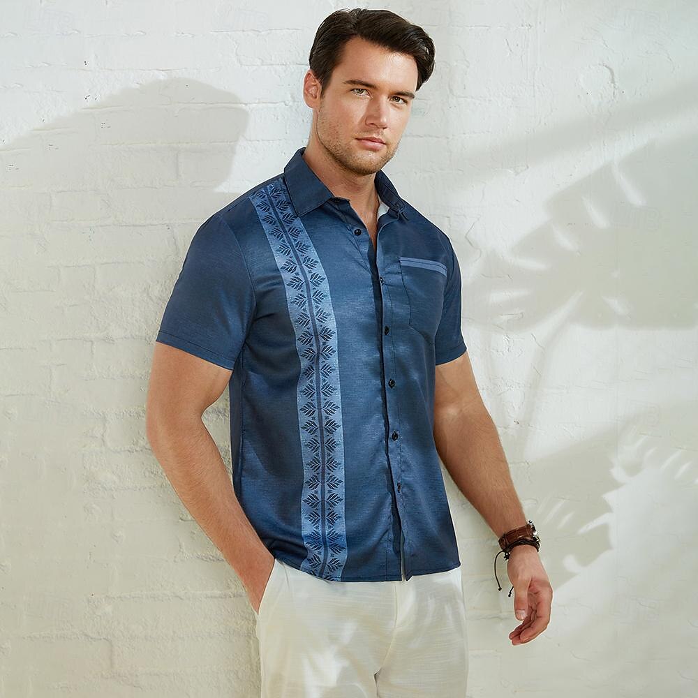 Men's Button Up Shirt Casual Shirt Summer Shirt Beach Shirt Leaf Graphic Prints Lapel Red Blue Green Dark Gray Casual Daily Short Sleeve Print Front Pocket Clothing Apparel Cotton And Linen Fashion