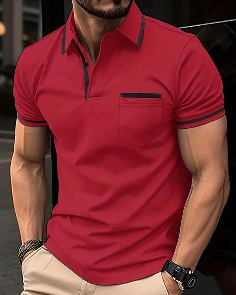 Men's Golf Shirt Golf Polo Work Casual Lapel Short Sleeve Basic Modern Color Block Patchwork Button Spring & Summer Regular Fit Apricot Dark Gray Black White Pink Red Golf Shirt
