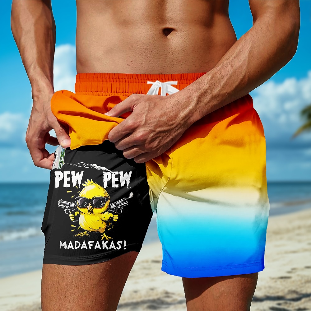 Men's Chick Funny Gradient Color Lined Shorts 2 in 1 Board Shorts Swim Shorts Mid Waist Hawaiian Vacation Beach Wear Side Pockets With Compression Liner Elastic Drawstring Waist Designer Clothing