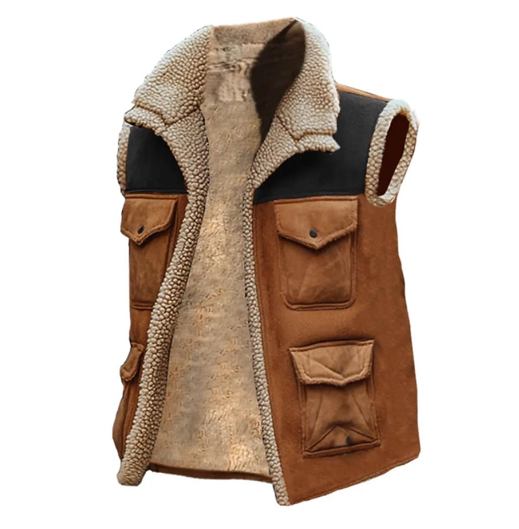 Men's Faux Suede Vest Fleece Vest Outdoor Casual Daily Fashion Retro Fall Winter Pocket  Thermal Warm Comfortable Color Block Zipper Lapel Regular Fit Brown Vest
