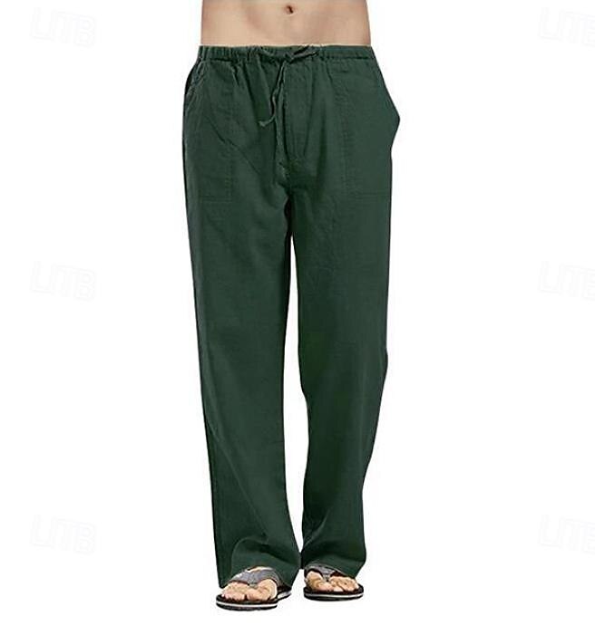 Men's Linen Pants Trousers Summer Pants Beach Pants Pocket Drawstring Elastic Waistband Plain Comfort Breathable Full Length Daily Streetwear Fashion Casual / Sporty Loose Fit Dark Khaki Black