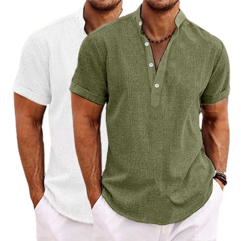 2-Pack Men's Shirt Linen Shirt Popover Shirt Summer Shirt Beach Wear Band Collar Shirt Plain Vacation Casual Green+Gray White+Yellow White+Green White+Navy Blue Short Sleeve Henley Summer Clothing Apparel