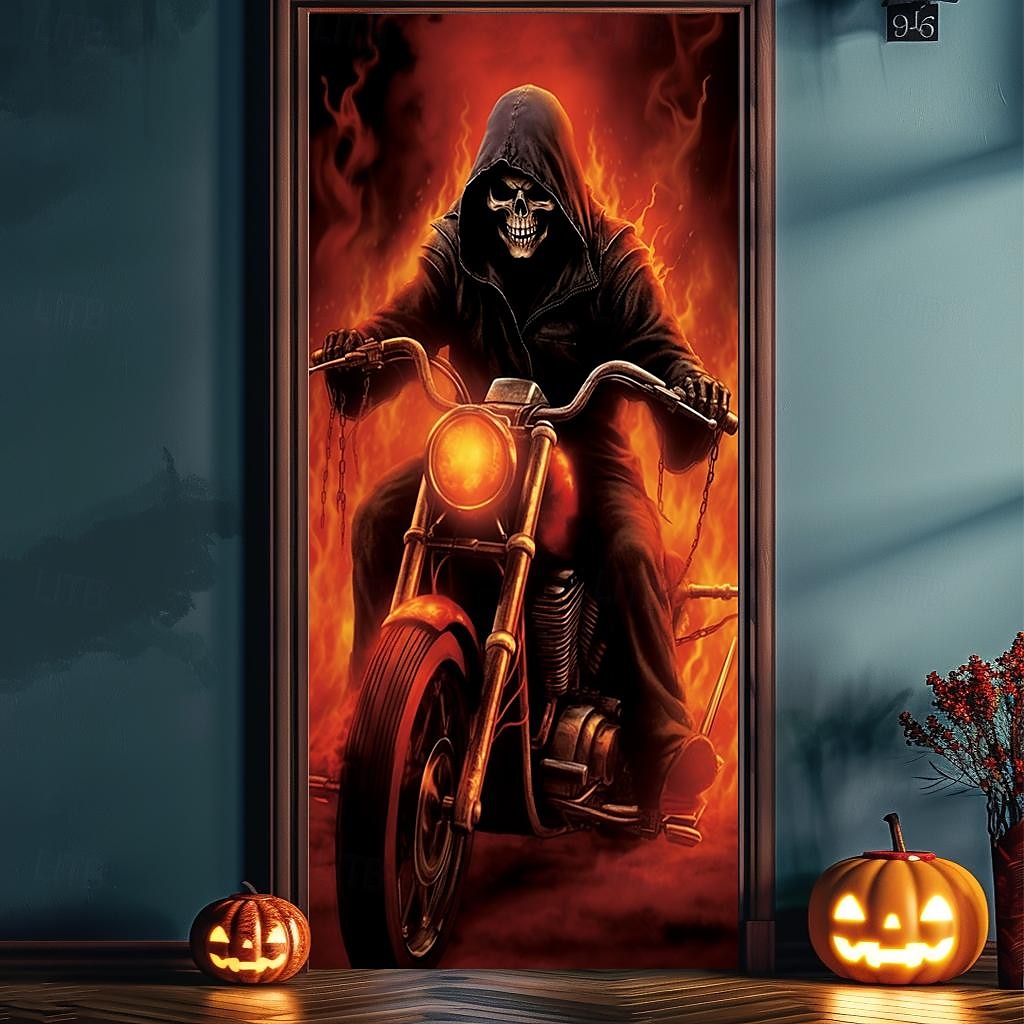 Halloween Window Cover Decorations, Fabric Skull Out of Fire Halloween Curtain Poster Window Door Covering Decor for Haunted House, Scary Halloween Window Clings Decals Indoor Outdoor