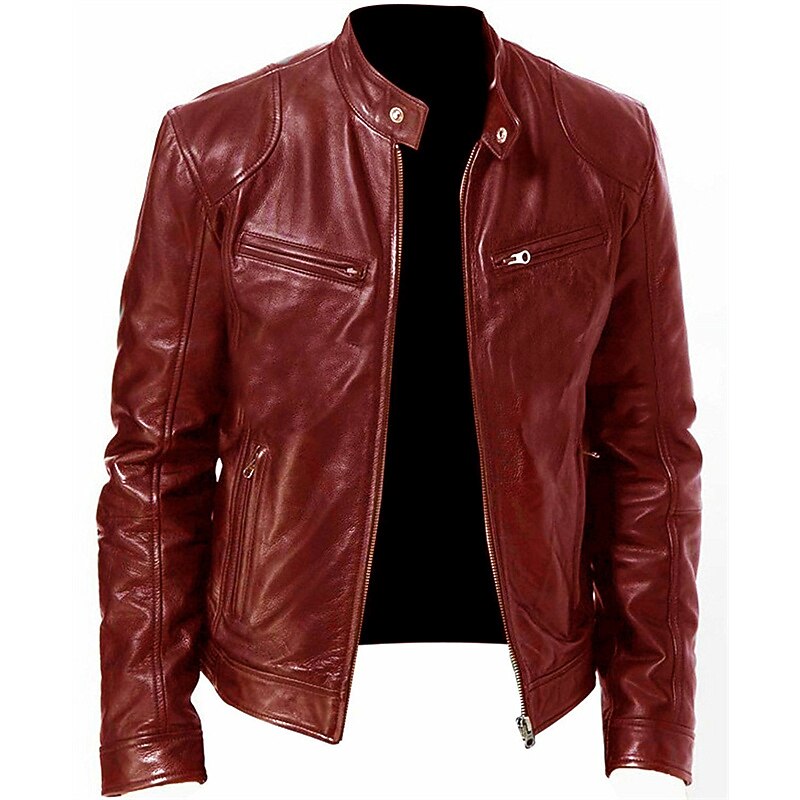 Men's Faux Leather Jacket Transition Jacket Biker Jacket Red Leather Jacket Vacation Daily Windproof Warm Pocket Fall & Winter Plain Fashion Classic Stand Collar Regular Faux Leather Silver Black