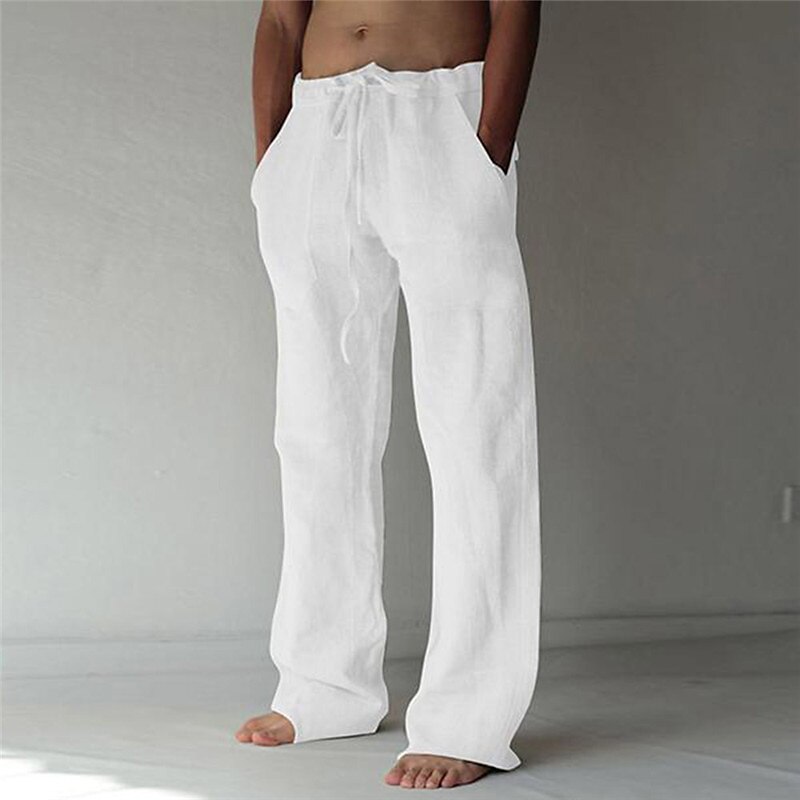 Men's Trousers Summer Pants Baggy Pants Beach Pants Casual Pants Drawstring Front Pocket Straight Leg Plain Comfort Soft Full Length Yoga Holiday Beach 100% Cotton Fashion Hawaiian Black White
