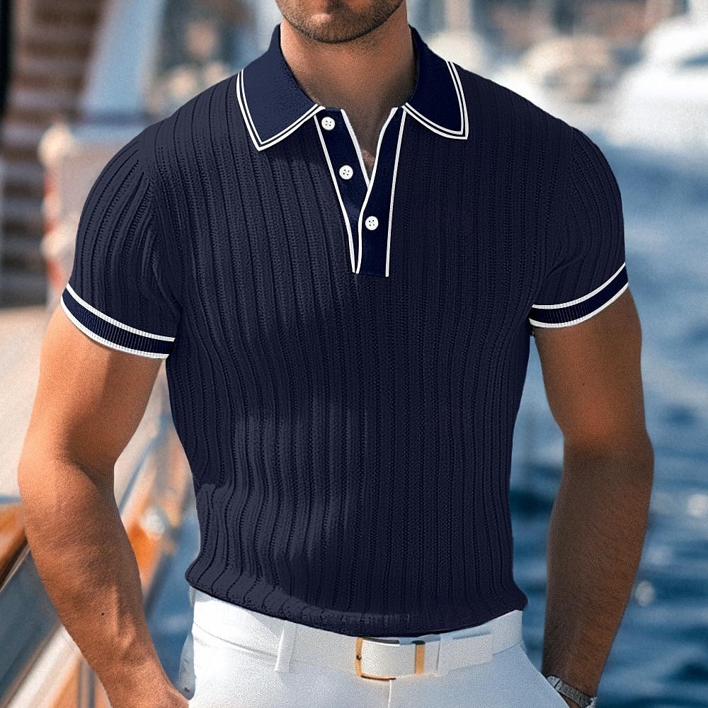 Men's Polo Shirt Golf Shirt Work Casual Lapel Ribbed Polo Collar Short Sleeve Basic Modern Color Block Patchwork Button Spring & Summer Regular Fit Light Blue White Burgundy Navy Blue Gray Polo Shirt