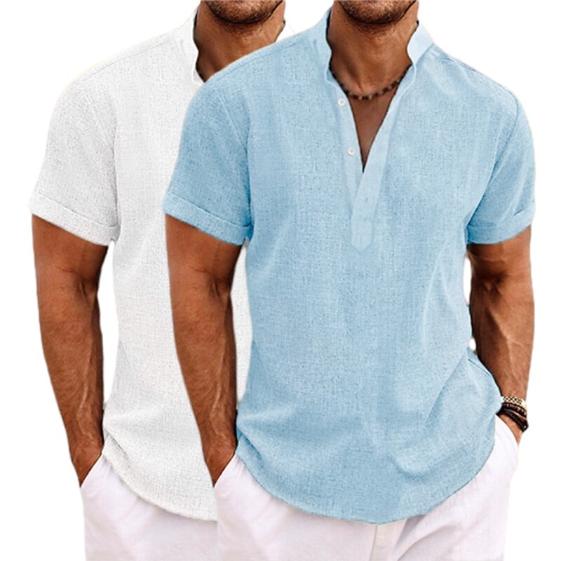 2-Pack Men's Shirt Linen Shirt Popover Shirt Summer Shirt Beach Wear Band Collar Shirt Plain Vacation Casual Green+Gray White+Yellow White+Green White+Navy Blue Short Sleeve Henley Summer Clothing Apparel