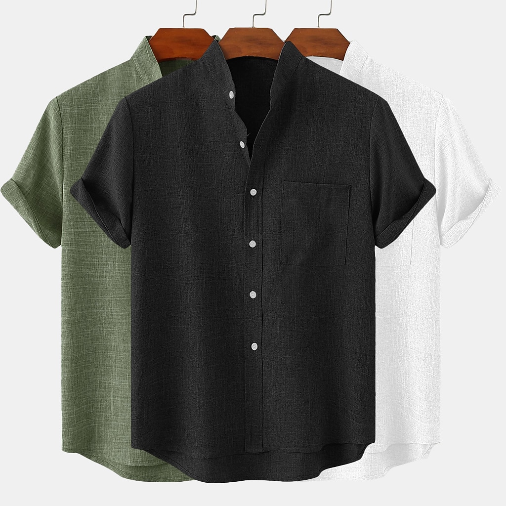 3-Pack Men's Linen Shirt Summer Shirt Casual Shirt Band Collar Shirt Plain Casual Beach Black+Gray+Green Black+White+Gray black+white+green black+khaki+green Short Sleeve Stand Collar Spring & Summer Summer