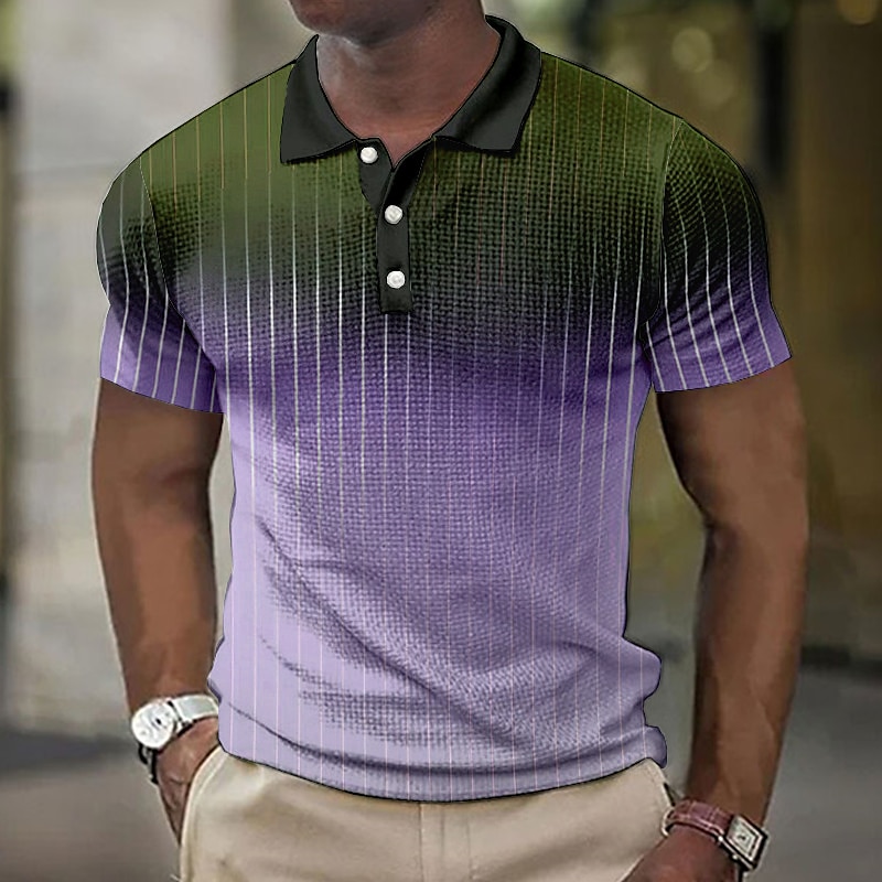 Men's Polo Shirt Waffle Polo Shirt Lapel Polo Button Up Polos Golf Shirt Gradient Striped Graphic Prints Turndown Yellow Navy Blue Blue Purple Green Outdoor Street Short Sleeve Print Clothing Apparel