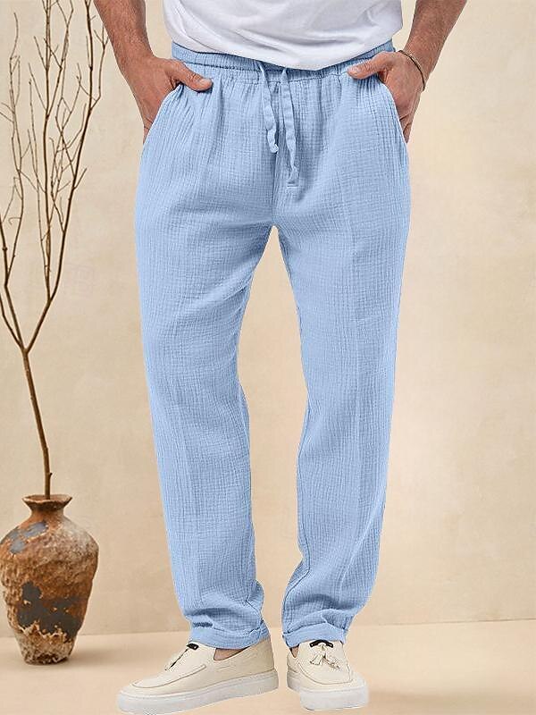 Men's Trousers Beach Shorts Casual Pants Seersucker Pants Drawstring Elastic Waist Straight Leg Plain Comfort Breathable Daily Holiday Vacation Fashion Casual Black White