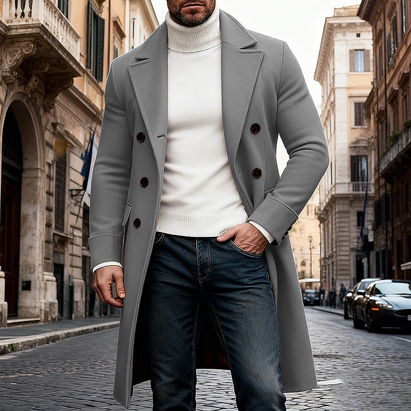 Men's Winter Coat Overcoat Long Trench Coat Trench Coat Outdoor Casual Fall Winter  Thermal Warm Outerwear Clothing Apparel Classic Plain Pocket Notch lapel collar