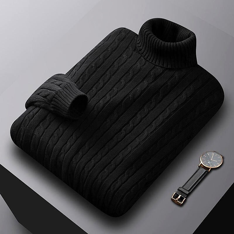 Men's Sweater Pullover Ribbed Cable Knit Cropped Knitted Solid Color Turtleneck Keep Warm Modern Contemporary Work Daily Wear Clothing Apparel Fall & Winter Camel Wine M L XL
