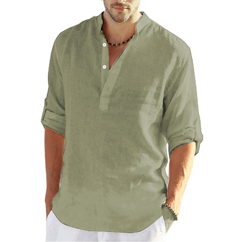 Men's Popover Summer Beach Long Sleeve Solid Color Henley Hawaiian Holiday Clothing Apparel Button-Down Linen Shirt