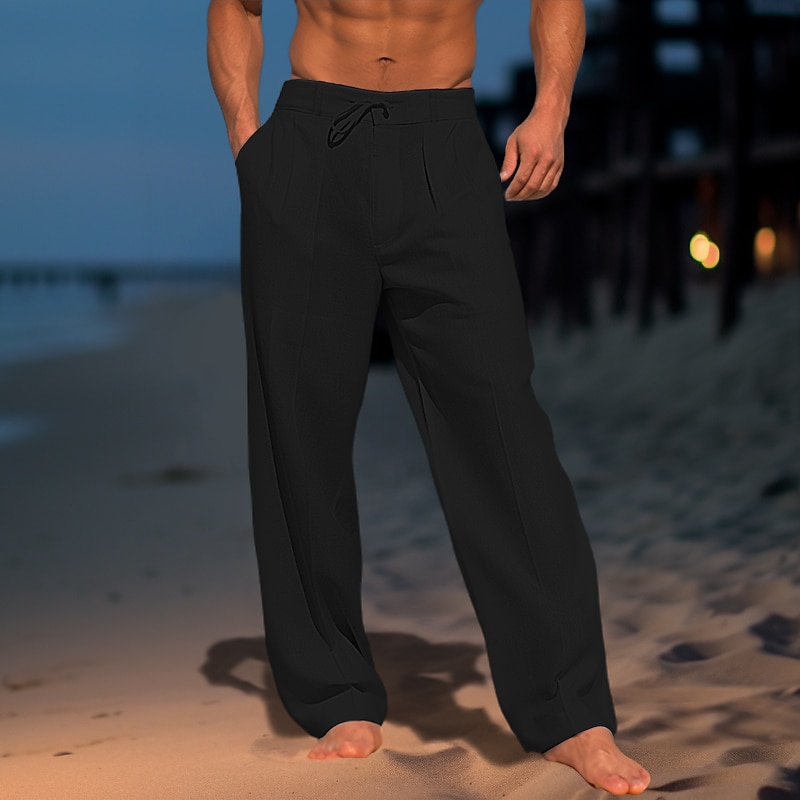 Men's Summer Beach Drawstring Elastic Waist Pleats Plain Comfort Breathable Casual Daily Holiday Blend Fashion Classic Style Linen Pants