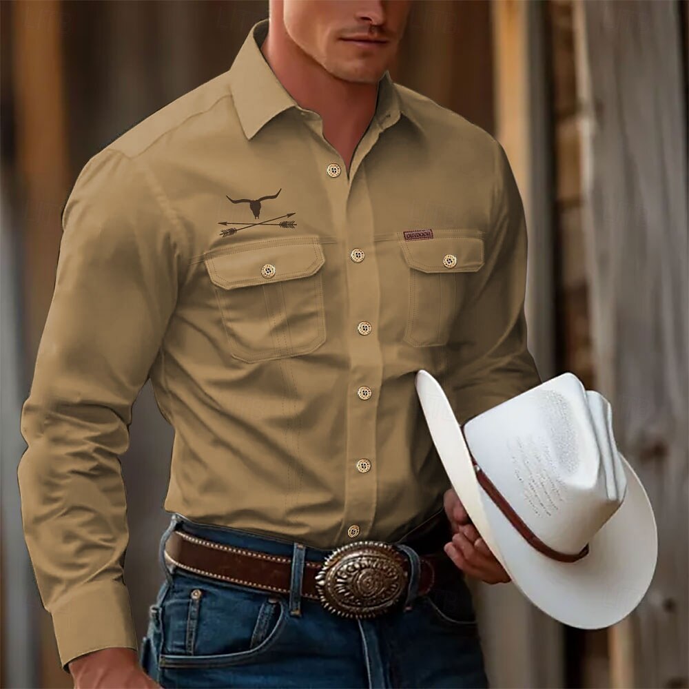 Men's Cow Work Shirt Western Shirt Cargo Shirt Long Sleeve Casual Tactical Sports & Outdoor Going out Winter Spring &  Fall Turndown Print Black White Khaki