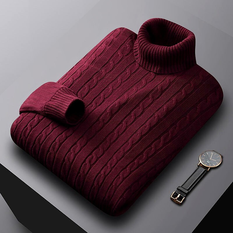 Men's Sweater Pullover Ribbed Cable Knit Cropped Knitted Solid Color Turtleneck Keep Warm Modern Contemporary Work Daily Wear Clothing Apparel Fall & Winter Camel Wine M L XL