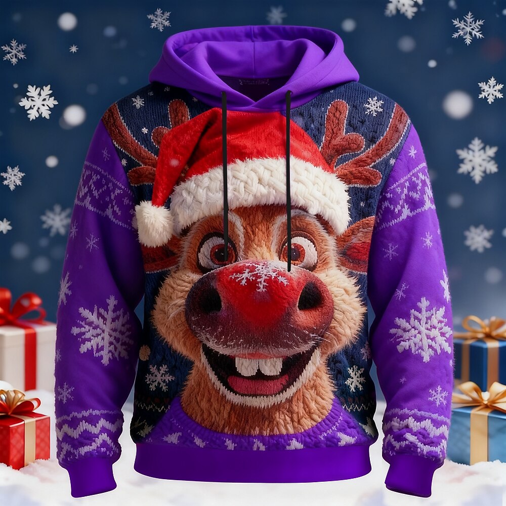 Christmas Men's Elk Hoodie Sweatshirt Fashion Daily Casual Long Sleeve Crew Neck Hooded Home Party Gift Blue Red Purple Green Drawstring Fall Winter Designer S M L XL XXL XXXL