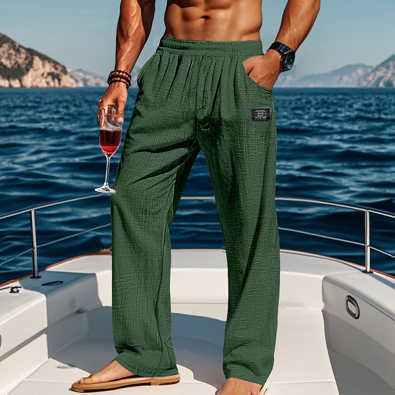 Men's Trousers Summer Pants Beach Pants Drawstring Elastic Waist Straight Leg Plain Comfort Breathable Full Length Casual Daily Holiday Vacation Fashion Blue Black Inelastic